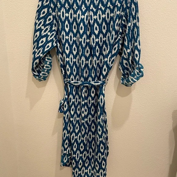Maeve Anthropologie Ikat Print Shirt Dress Medium Blue White Belted - Picture 9 of 10